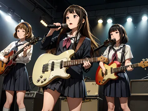 5 girls, there are five girls in school uniforms playing music together, girl band illustration, rock band, band playing instrum...