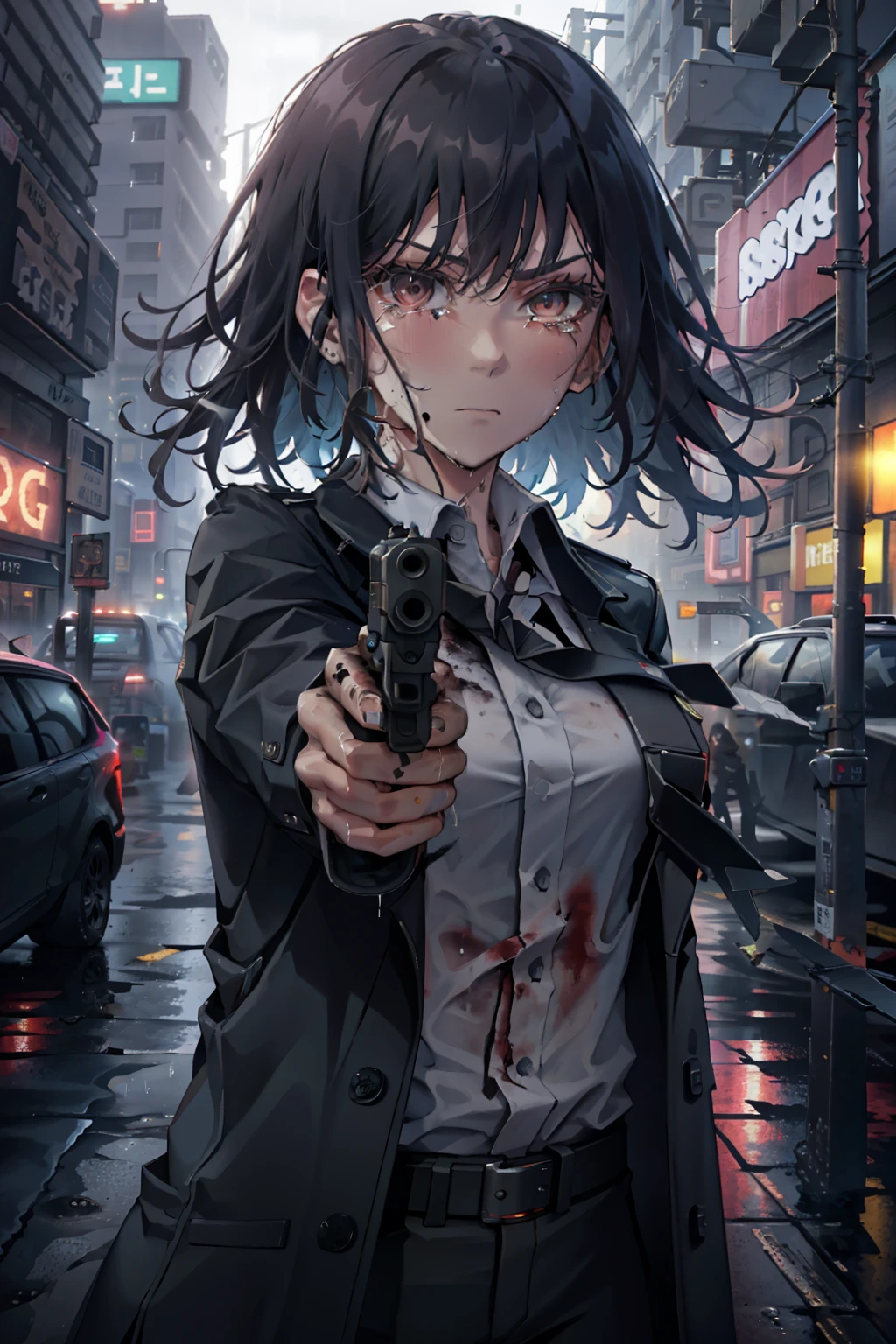 Glock17, aiming at viewer, holding pistol, Long messy Black Hair, Serious expression, Tears, Long Black trench coat, White blouse, black slacks, Black Tie, Bloody, Heavy rain, Wet, dirty and bloody, empty street, Cyberpunk metropolis, Neon lights, Late night sky, 