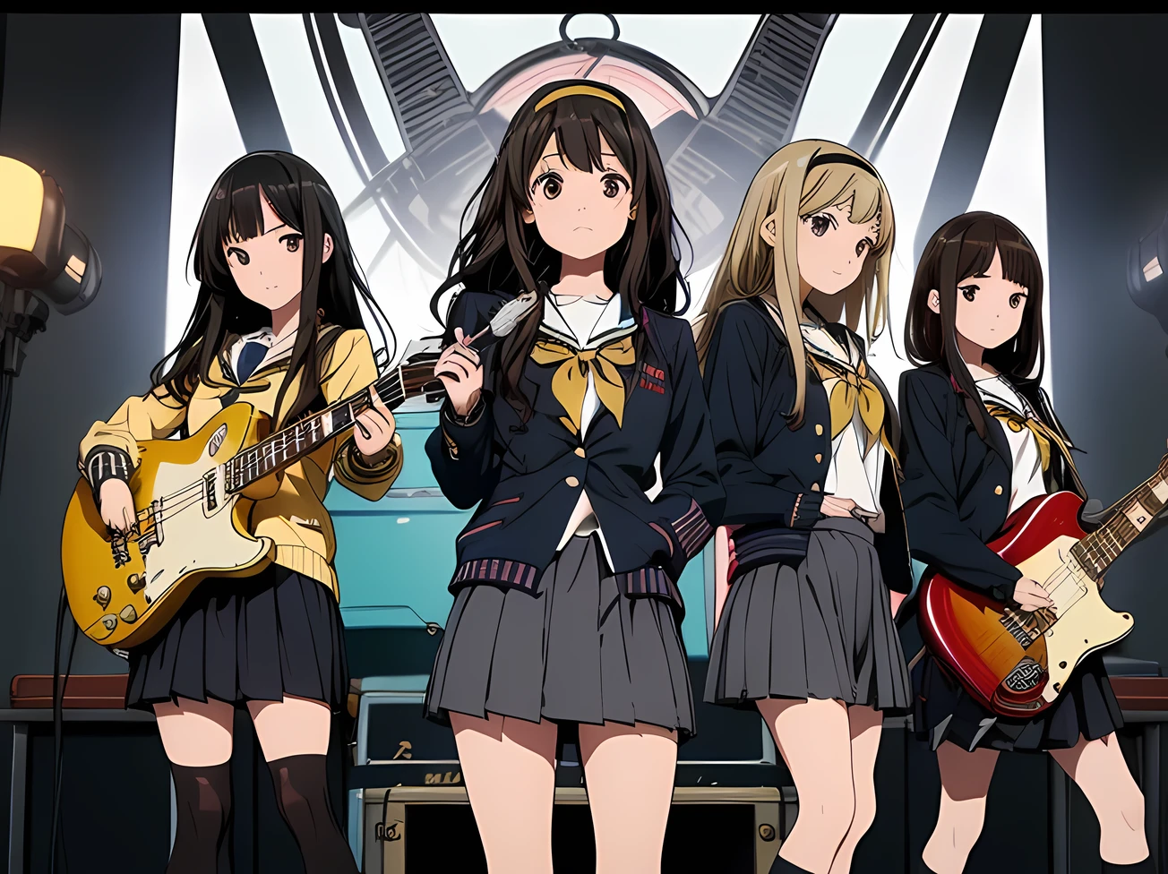 5 girls, there are five girls in school uniforms playing music together, Girl band illustration, rock band, band playing instruments, (A dynamic performance:1.3), K-ON!, band name is "After School Tea Time", band promo, high school girls, ((All of them are wearing navy blazers and grey pleated skirts:1.3)). happy!!!, band playing, (**Yui Hirasawa, Her hair is brown and bob cut. She has a yellow hairpin holding her right bangs in place, Black Pantyhose, Grey neckerchief, have a Gibson Les Paul Standard**). (**Mio Akiyama, She has long straight black hair. Her bangs are cut in a hime style, Grey neckerchief, Black knee-high socks, have a Fender Jazz Bass left-handed model**). (**Tainaka Ritsu, She has short brown hair with a yellow headband and her forehead is exposed, White ankle socks, Grey neckerchief, Plays the drums**). (**Kotobuki Tsumugi, She has thick semicircular eyebrows, and long wavy hair that is a light color almost blonde, Fair skin, Grey neckerchief, White ankle socks, Keyboard player**). (**Azusa Nakano, She has long twin-tailed, slightly bluish black hair, Black knee-high socks, red neckerchief, Plays rhythm guitar**). ((masterpiece:1.3)), (best quality), ((extremely detailed:1.1))