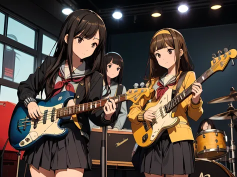 5 girls, there are five girls in school uniforms playing music together, girl band illustration, rock band, band playing instrum...