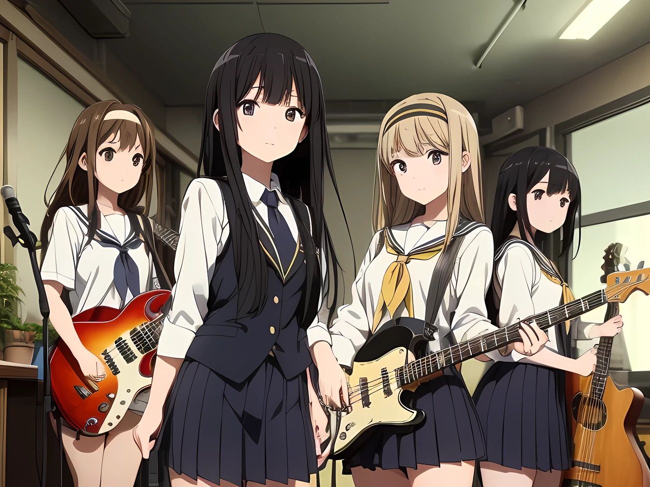 5 girls, there are five girls in school uniforms playing music together, Girl band illustration, rock band, band playing instruments, K-ON!, band name is "After School Tea Time", band promo, high school girls, happy!!!, band playing, A dynamic performance, ((All of them are wearing navy blazers and grey pleated skirts)). 
- **Yui Hirasawa, Her hair is brown and bob cut. She has a yellow hairpin holding her right bangs in place, Black Pantyhose, Grey neckerchief, have a Gibson Les Paul Standard**. 
- **Mio Akiyama, She has long straight black hair. Her bangs are cut in a hime style, Grey neckerchief, Black knee-high socks, have a Fender Jazz Bass left-handed model**. 
- **Tainaka Ritsu, She has short brown hair with a yellow headband and her forehead is exposed, White ankle socks, Grey neckerchief, Plays the drums**. 
- **Kotobuki Tsumugi, She has thick semicircular eyebrows, and long wavy hair that is a light color almost blonde, Fair skin, Grey neckerchief, White ankle socks, Keyboard player**. 
- **Azusa Nakano, She has long twin-tailed, slightly bluish black hair, Black knee-high socks, red neckerchief, Plays rhythm guitar**. 
((masterpiece)), (best quality), ((extremely detailed)) 