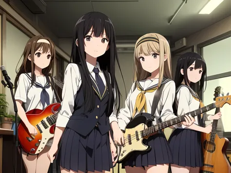 5 girls, there are five girls in school uniforms playing music together, girl band illustration, rock band, band playing instrum...