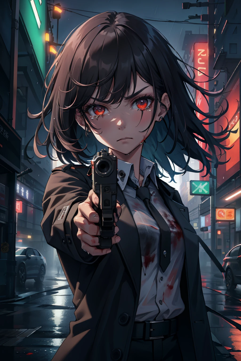 Glock17, aiming at viewer, holding pistol, Long messy Black Hair, Serious expression, Tears, Long Black trench coat, White blouse, black slacks, Black Tie, Bloody, Heavy rain, Wet, dirty and bloody, empty street, Cyberpunk metropolis, Neon lights, Late night sky, 