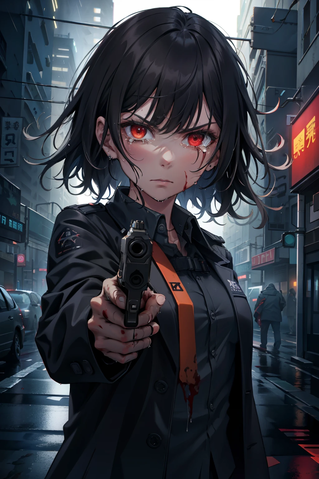 Glock17, aiming at viewer, holding pistol, Long messy Black Hair, Serious expression, Tears, Long Black trench coat, White blouse, black slacks, Black Tie, Bloody, Heavy rain, Wet, dirty and bloody, empty street, Cyberpunk metropolis, Neon lights, Late night sky, 