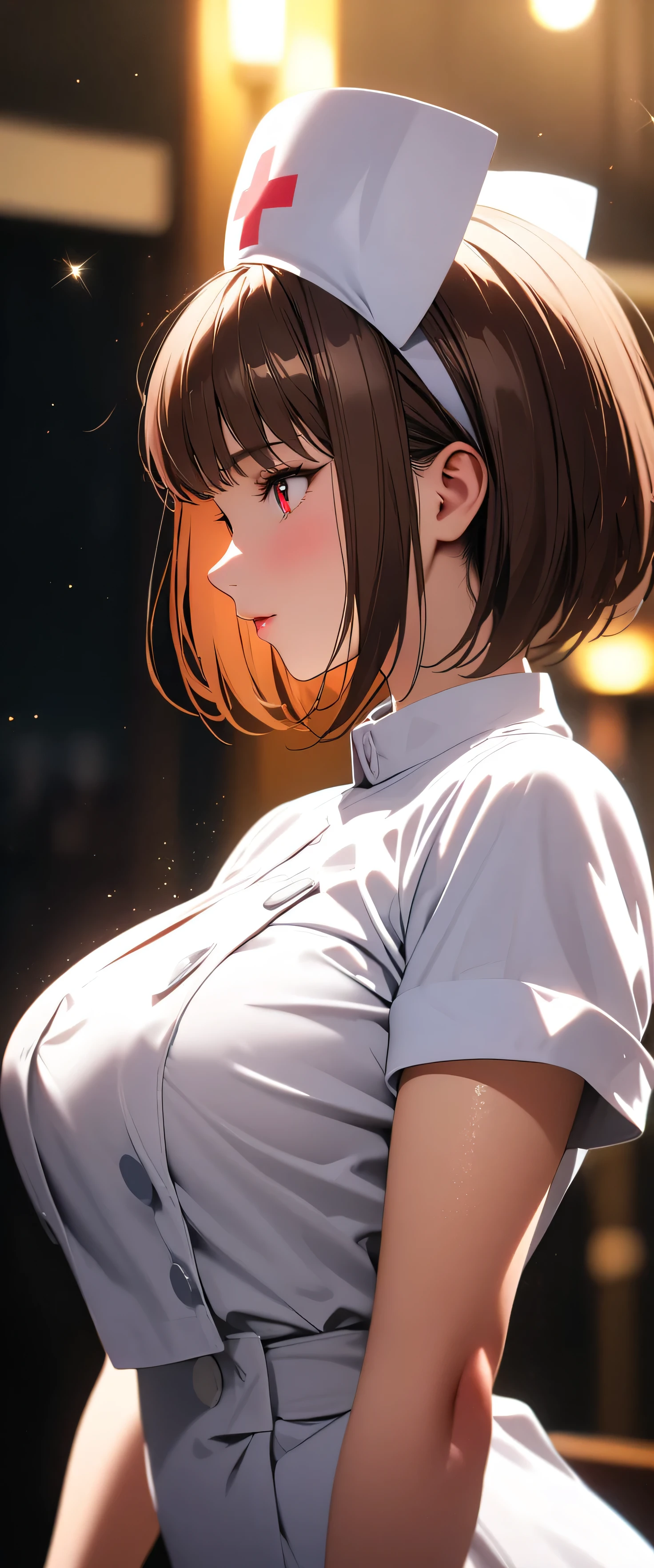 (beautiful girl: 1.3),1girl,masterpiece,Highest quality,Ultra-high resolution,rich contrast,super high quality,8k,Highly detailed CG unit wallpaper,texture,Incredibly absurd,RAW Photos,Highest quality anime,Depth of Field 1.2,Ultra-detailed eyes,Glowing Skin,Glitter effect,Beautiful glossy lips,(Brown Hair,Sharp Bob),Red Eyes,nurse uniform,Embarrassing,white nurse uniform,Large Breasts,Big Round Ass,(profile:1.5)