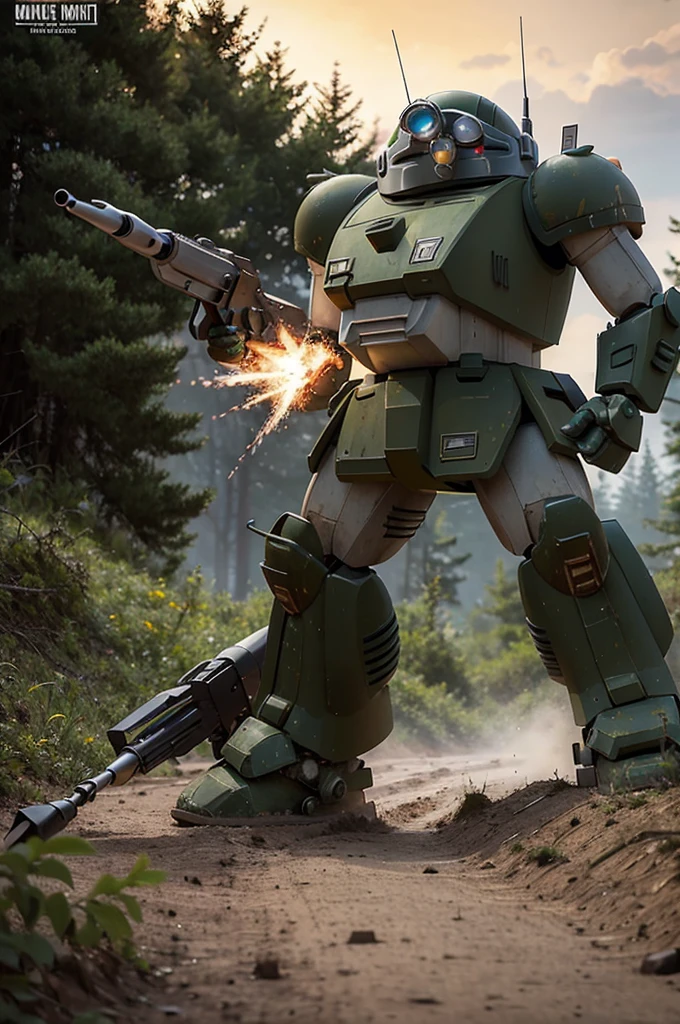 best quality, masterpiece, highly detailed, armored_trooper, ultra-detaile votoms, robot, mecha, science fiction, realistic, no humans, weapon, machinery, forest, mud road, Explosion Artstyle, fire, explosion, flames, ruin factory ,machine gun, digitalcamouflage 