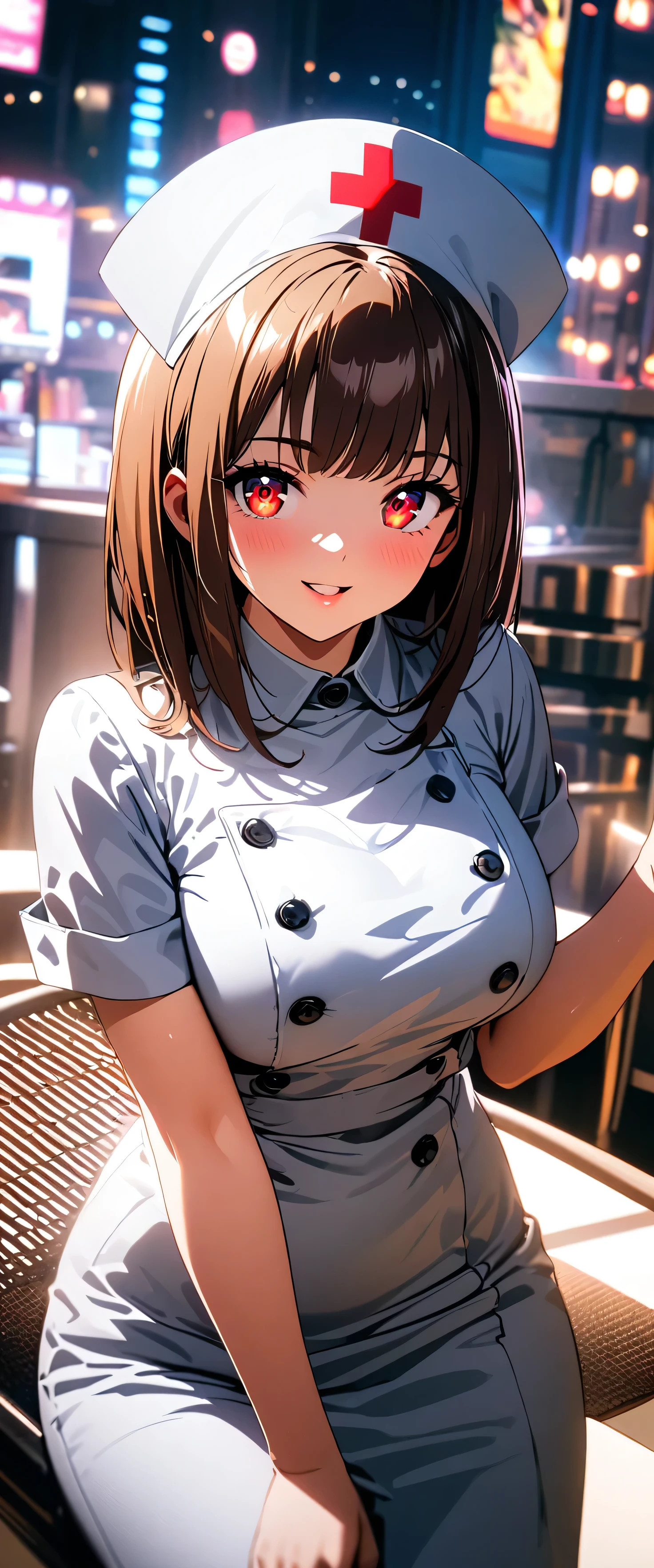 (beautiful girl: 1.3),1girl,masterpiece,Highest quality,Ultra-high resolution,rich contrast,super high quality,8k,Highly detailed CG unit wallpaper,texture,Incredibly absurd,RAW Photos,Highest quality anime,Depth of Field 1.2,Ultra-detailed eyes,Glowing Skin,Glitter effect,Beautiful glossy lips,(Brown Hair,Sharp Bob),Red Eyes,nurse uniform,Nurse working at the hospital,exceptional smile,white nurse uniform,Large Breasts,Big Round Ass,,Sit and pose