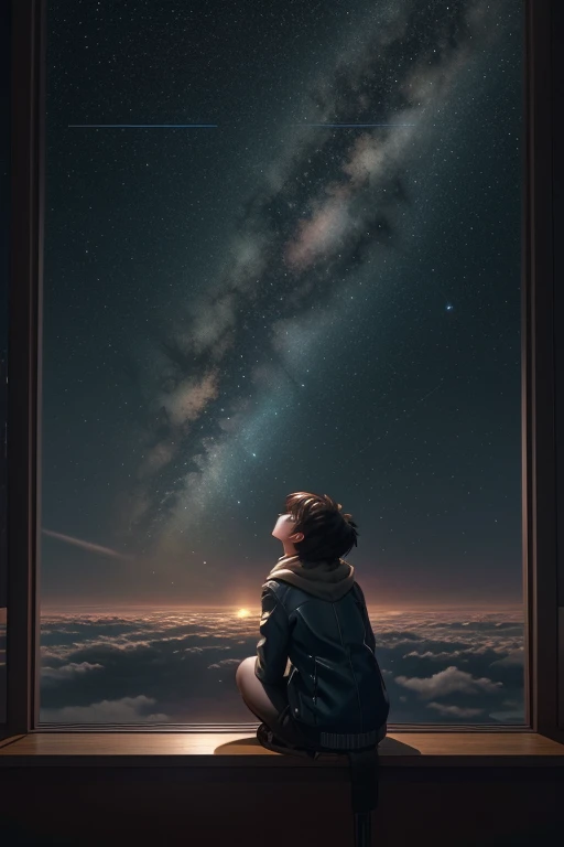 A woman sitting on a bookshelf, gazing up at the sky, inspired by the art style of Makoto Shinkai, trending on Pixiv, space art, Makoto Shinkai Cyril Roland, 4k anime background, 8k anime art wallpaper, 4k anime art background, 4k anime background, 4k anime background, 4k anime background