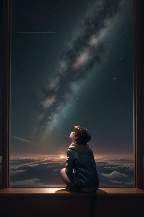 a woman sitting on a bookshelf, gazing up at the sky, inspired by the art style of makoto shinkai, trending on pixiv, space art,...