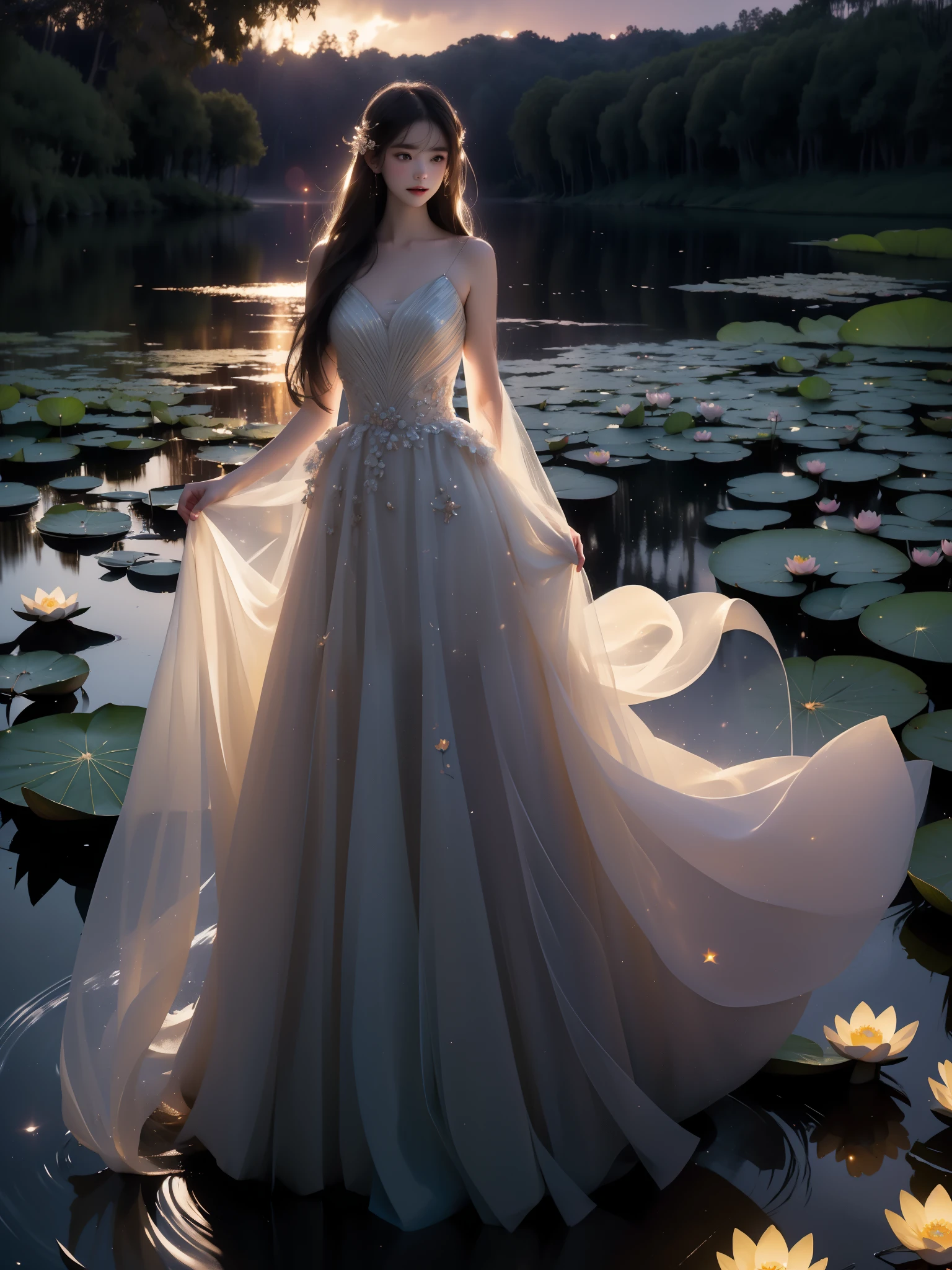 fodress ,, A beautiful girl standing in a moonlit lake with water lilies, surrounded by soft ripples and shimmering reflections.   Her long flowing hair gently moves with the breeze, glowing ethereally in the black night illuminated by fireflies.   The scene captures a serene evening with a starry sky and a misty atmosphere.   She has correct and elegant proportions, especially emphasizing her graceful, beautiful legs.   revealing bare shoulders, and her delicate facial features display a peaceful expression. The water around her glows with cinematic lighting, creating a dreamy and mysterious mood, with photorealistic detail and a focus on the reflections on the water surface