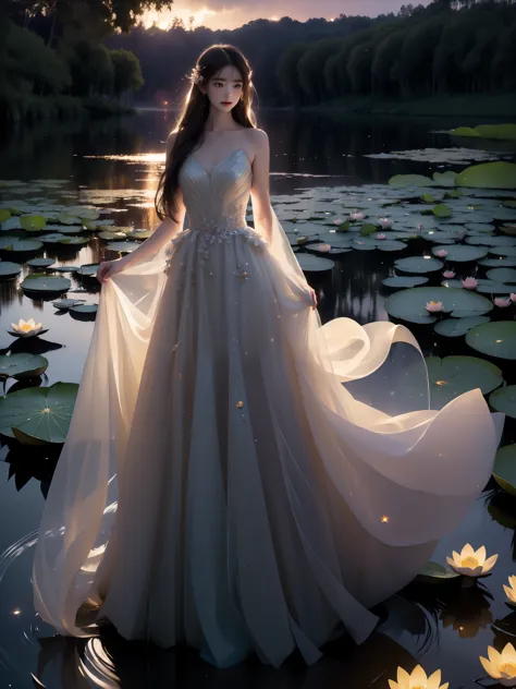 fodress ,, a beautiful girl standing in a moonlit lake with water lilies, surrounded by soft ripples and shimmering reflections....