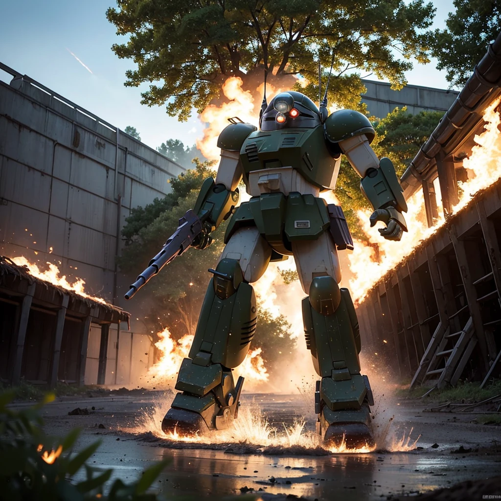 best quality, masterpiece, highly detailed, armored_trooper, ultra-detaile votoms, robot, mecha, science fiction, realistic, no humans, weapon, machinery, forest, mud road, Explosion Artstyle, fire, explosion, flames, ruin factory ,machine gun, digitalcamouflage 