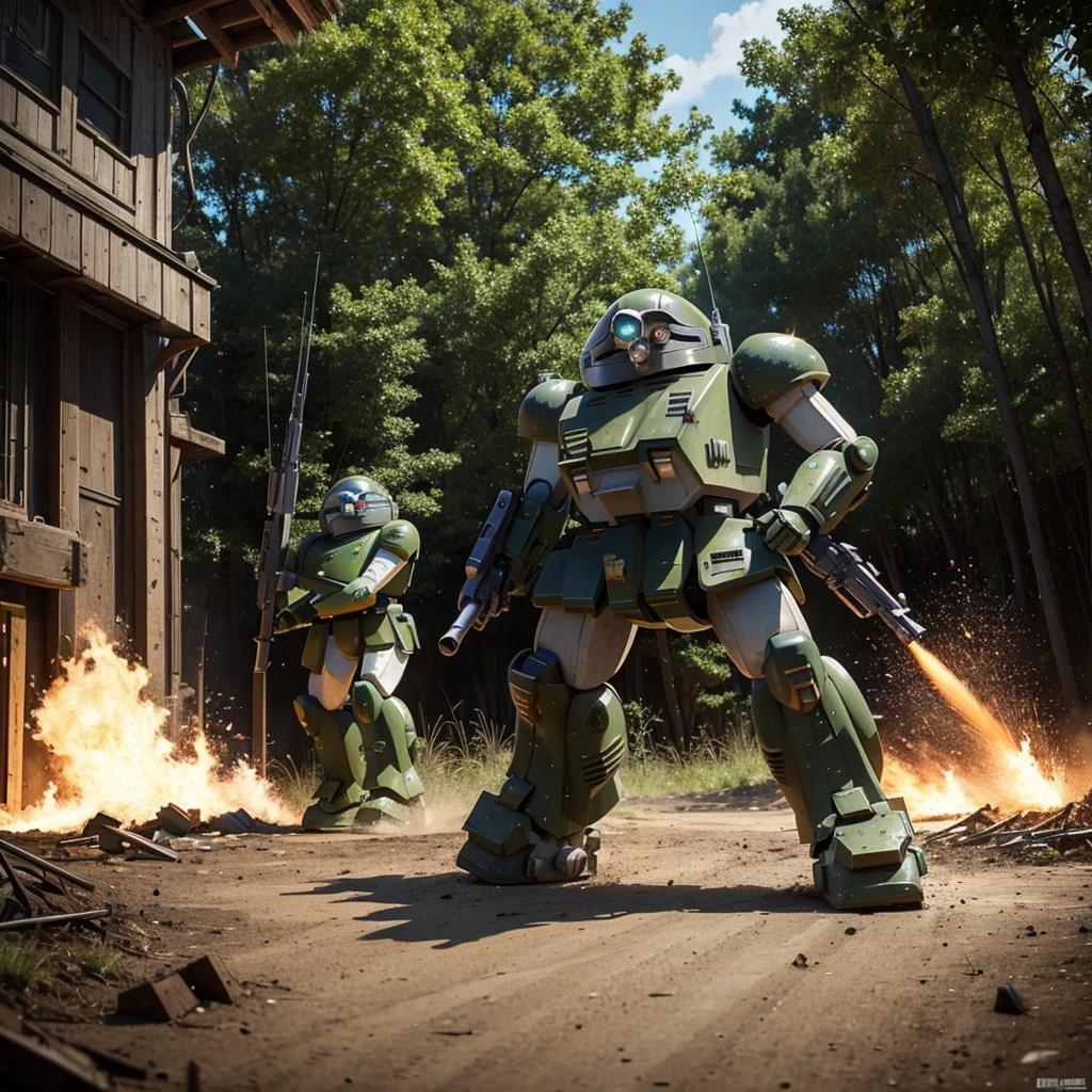 best quality, masterpiece, highly detailed, armored_trooper, ultra-detaile votoms, robot, mecha, science fiction, realistic, no humans, weapon, machinery, forest, mud road, Explosion Artstyle, fire, explosion, flames, ruin factory ,machine gun, digitalcamouflage 