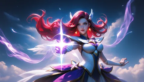 better aesthetics, lolsplashart, Star Guardian katarina, 1 garota, cicatriz no olho, Cabelo longo, seios, olhando para o espectador, saia, coxas, luvas, vestir, decote, medium seios, olhos azuis, cabelo roxo, foco apenas, botas, sky, traje alternativo, armaduras, shoulder armaduras, official traje alternativo, magic, star (symbol), starry sky, Star Guardian (League of Legends), a young woman with flowing cabelo roxo, vestired in a blue and white magic outfit. Ela fica confiante, punhal desenhado e pronto, with a fierce look of determination. Behind her, a fantastical night sky swirls with clouds, estrelas, e raios de luz. The elegant and feminine details of the look contrast with the strength and energy that emanates from her pose.. The vibrant colors and mystical setting give the splash art an extravagant aura, mas poderosa. Geral, a cena retrata o guerreiro guardando corajosamente o cosmos, capturing the adventurous spirit and charm of the Star Guardian theme.
