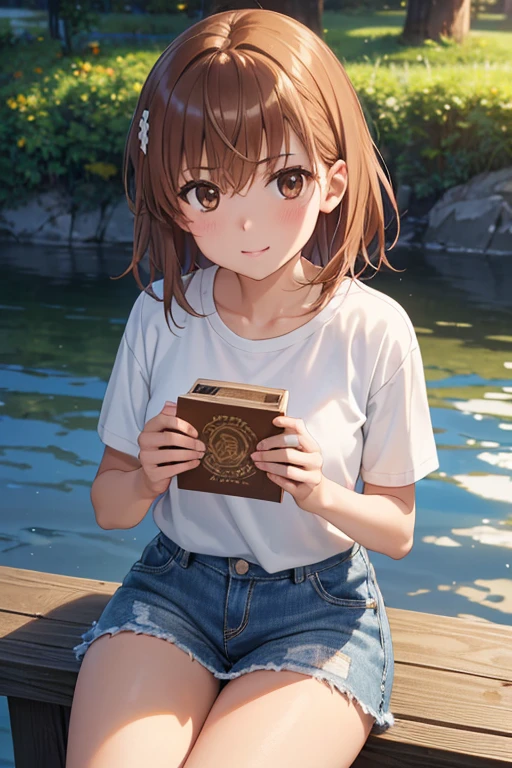 misaka mikoto、Shiny brown hair, short hair, Beautiful brown eyes、smile、Shining Eyes, (fine grain)、超Fine grain、Highly detailed face, 非常にFine grain,Cowboy Shot、

(Best Quality, High resolution, masterpiece:1.3)
evening, sunset, girl, White shirt, White sneakers, Denim skirt realistic, Super detailed, Slime,
Sitting on the riverbank, Hold your cheeks with both hands, Upper body face focus, Look at the viewers, 
Dynamic light and shadow, High resolution, Sharp focus, Written boundary depth, Fine grain,