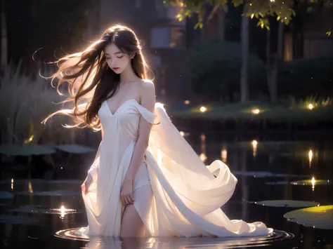 angel,, a beautiful girl standing in a moonlit lake with water lilies, surrounded by soft ripples and shimmering reflections. he...