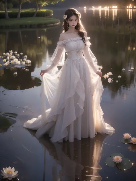 dress, bouffont dress, transparent long sleeves, daisies, cherry,,, a beautiful girl standing in a moonlit lake with water lilie...