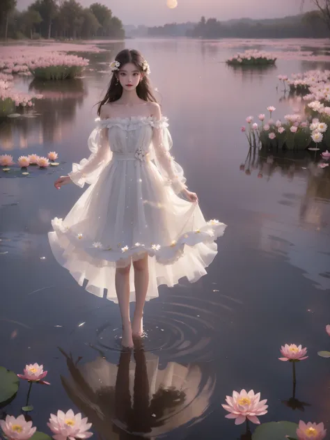 dress, bouffont dress, transparent long sleeves, daisies, cherry,,, a beautiful girl standing in a moonlit lake with water lilie...