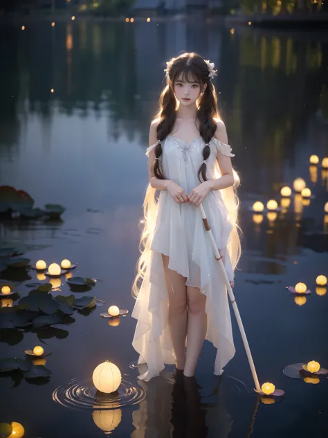 1girl,brown hair,twintails,holding straight staff,,,, a beautiful girl standing in a moonlit lake with water lilies, surrounded ...