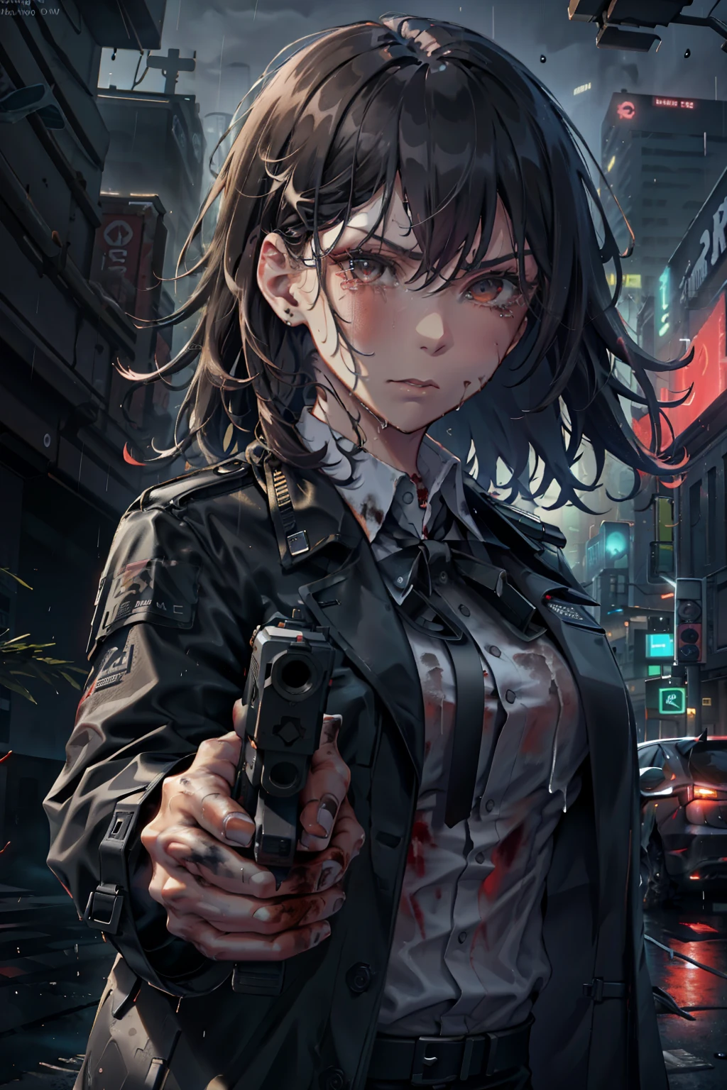 Glock17, aiming at viewer, Long messy Black Hair, Serious expression, Tears, Long Black trench coat, White blouse, black slacks, Black Tie, Bloody, Heavy rain, Wet, dirty and bloody, Rooftop, Cyberpunk metropolis Background, Neon lights, Late night sky, 