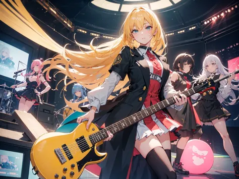 ( perfectly correct anatomy ) 、girls rock band, 4 members: vocal, guitar, bus, drum, ((masterpiece of the highest quality, best ...