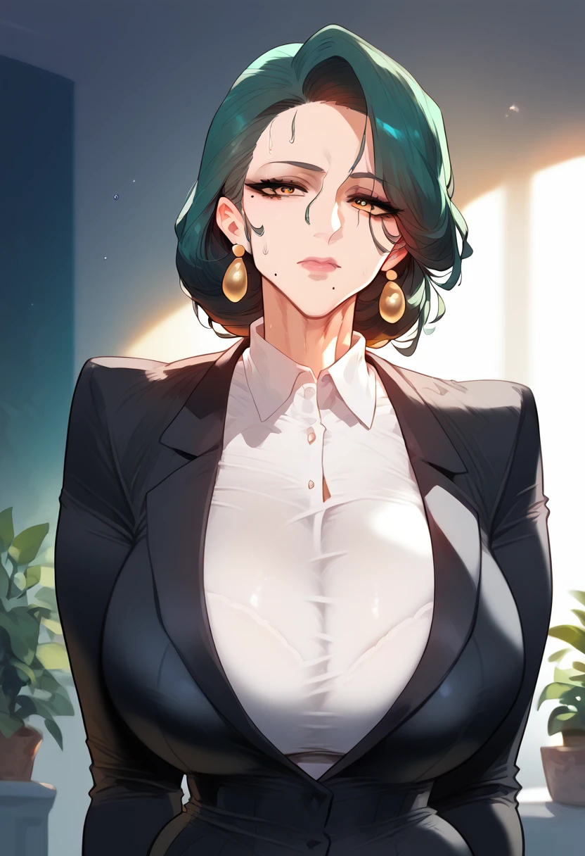 Hyper realistic, mother, milf, mature female, perfect face, perfect lighting, sexy lips, sexy female, closed mouth, beauty mark, thicc، cleavage, huge , large breasts, sweat, Stand upright、White collared shirt、Black suit