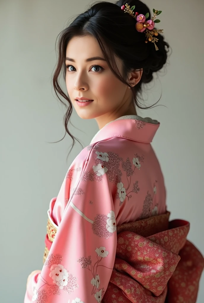 A glamorous mature Japanese woman with brunette hair styled in a traditional Japanese updo, wearing a pink silk kimono with vibrant carriage patterns, looking back, full body shot, ultra-detailed, photorealistic, professional lighting