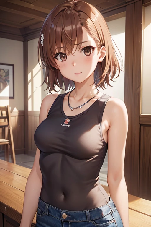 
misaka mikoto、Shiny brown hair, short hair, Beautiful brown eyes、smile、Shining Eyes, (fine grain)、Ultra-fine mesh、Highly detailed face, Very fine grain,Cowboy Shot、

((Best Quality, High resolution,  Pixel perfect,  4K)), (1 girl),  (Beautiful Anime Girls), 
(masterpiece:1.3)、
、Sexy 2 woman、(Tight tank top:1.3)、( Expose your shoulders:1.1)、
Very cute、Very cute、Natural Makeup, Glossy lips、Observe the audience、、(Strange Expressions), Anxious expression、:1.3, Embarrassing:1.3、Thin Necklace、Looking into the camera:1.2
