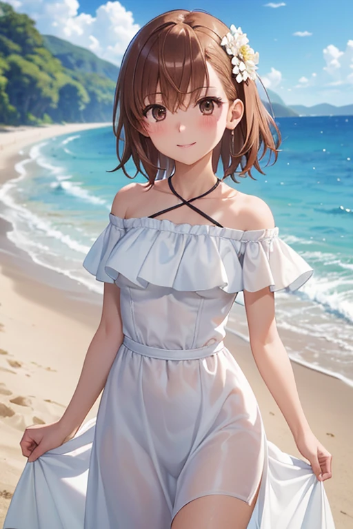 
misaka mikoto、Shiny brown hair, short hair, Beautiful brown eyes、smile、Shining Eyes, (fine grain)、Ultra-fine mesh、Highly detailed face, Very fine grain,Cowboy Shot、

(masterpieceBest Quality, so beautiful, Super detailed), Intricate details, 4K, Honestly, 
1 girl, Alone, Best Quality, masterpieceHigh image quality, Teenager, Beautiful details in the eyes,  smile, blush, Bareneck, Exposing arms, Bare shoulders, 
Short sleeve, Strapless, White ruffle off-shoulder top White off-shoulder dress, White maxi dress, Walking along the seaside, background, blue sky, Cowboy Shot