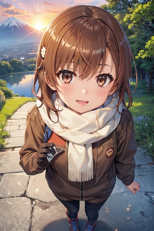 
misaka mikoto、Shiny brown hair, short hair, Beautiful brown eyes、smile、Shining Eyes, (fine grain)、Ultra-fine mesh、Highly detailed face, Very fine grain,Cowboy Shot、

Best Quality、High resolution、Detailed Background
、A light down jacket or a thick sweater、Choosing trekking shoes、Gloves and scarf、Earmuffs, etc..、A big smile、smile、
Summit. Fuji towering in the distance、The bright red morning sun paints the sky、
A girl standing alone on the summit、A sparkle in the eyes as they look up at the sky、
The sun&#39;s light shines on the earth、Beautiful views from high up、
Summitに立つ女の子の姿、Clear々A place full of joy and hope、
(雄大なFuji山を背景に少女が日の出を迎える風景. Fuji:1.5)