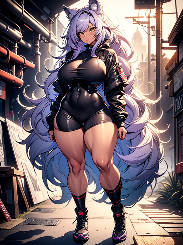 one woman, wolf girl, wolf ears, wolf tail, violet hair, strong, firm body, thick thighs, big breasts, muscular arms, casual clothes, sfw, sexy, full body, masterpiece, highly detailed, shiny clothes, latex, tall women,