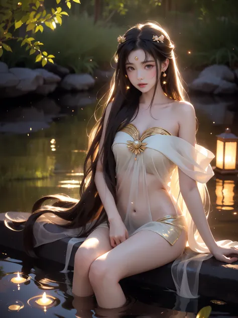 kurikara-tendou , a beautiful girl lies in the water, surrounded by soft ripples and shimmering reflections. her long, flowing h...