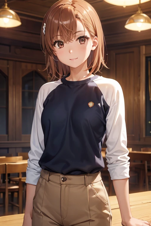 misaka mikoto、Shiny Hair, Short Hair, (Beautiful brown eyes、Sparkling eyes, Fine grain、The perfect highlight)、smile、Super detailedな目、Highly detailed face, Highly detailed eyes,Cowboy Shot、



One Girl、(masterpieceBest Quality, so beautiful, Super detailed), 
Intricate details, 4K, Honestly, 1 girl, Alone, Best Quality, masterpiece(masterpieceBest Quality), , Orange raglan shirt, Long sleeve, Blue trousers, Scoop neck,