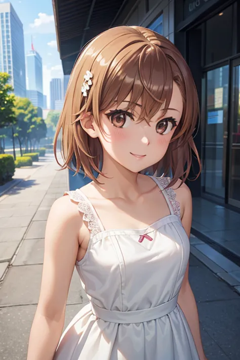 misaka mikoto、shiny hair, short hair, (beautiful brown eyes、sparkling eyes, fine grain、the perfect highlight)、smile、super detail...