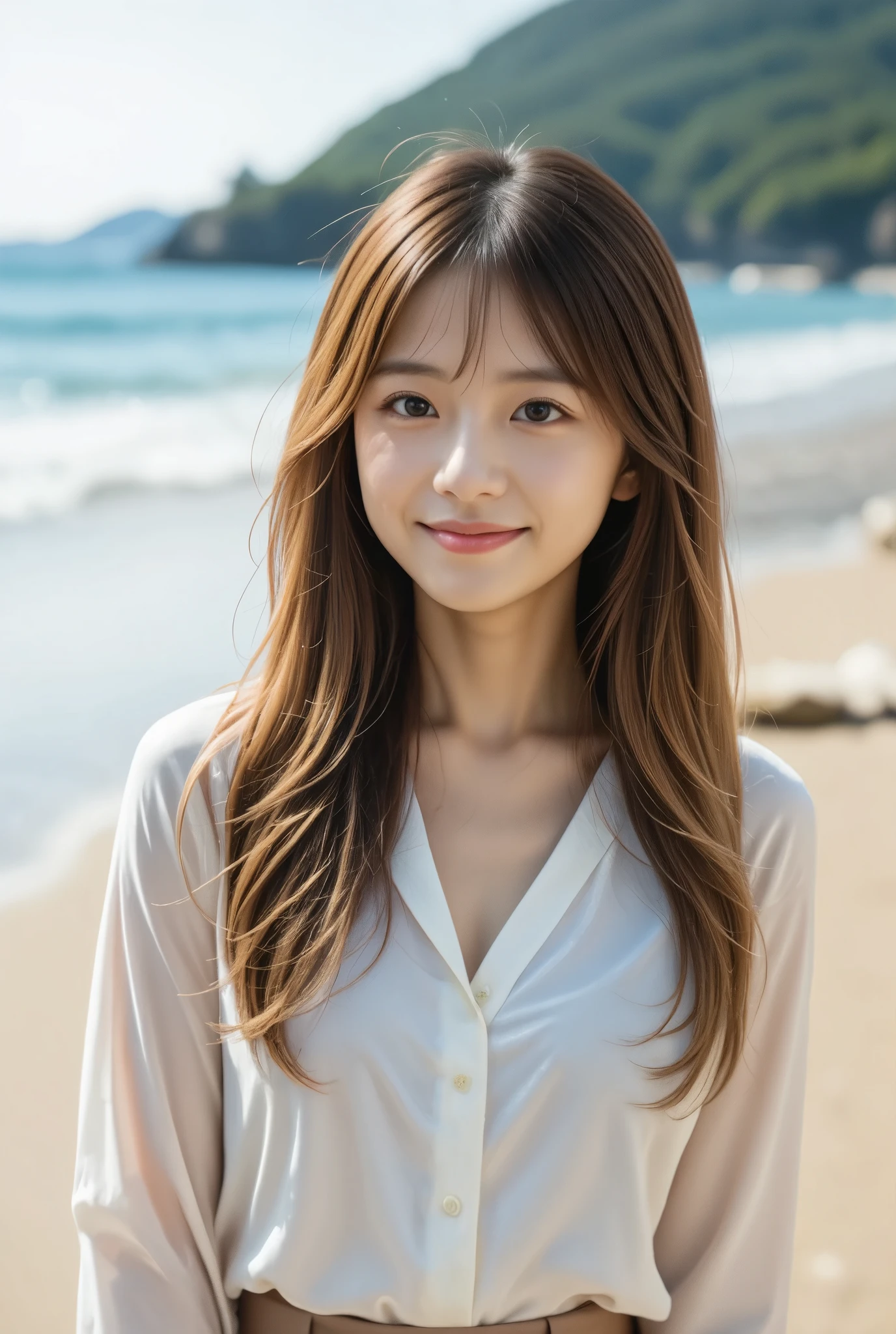 photo of Japanese girl, upper body, 1girl, 
cheerful, bashful, face on focus, 

long hair with layered cut, brown to blonde speckled hair, 

wearing a Blouse, wide trousers, standing, at the beach, 