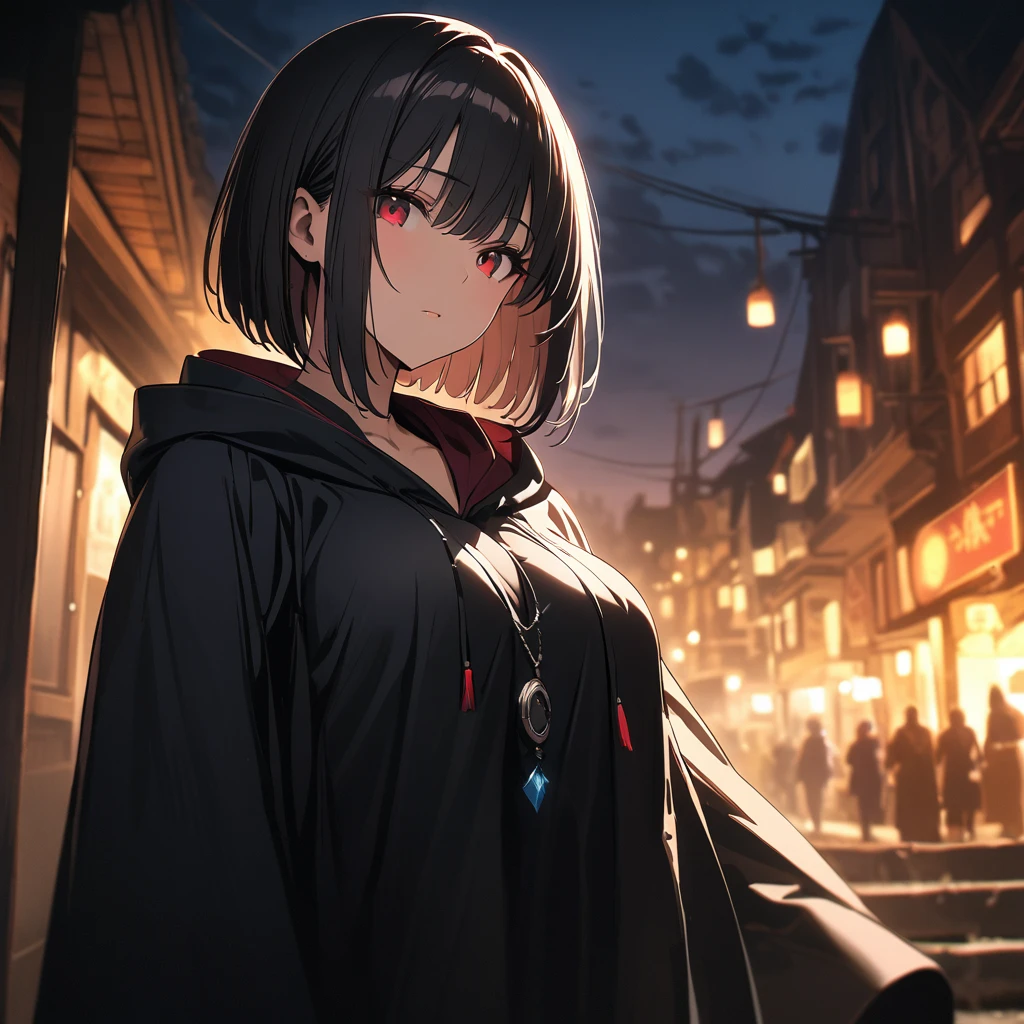 (beautiful girl: 1.3),One girl,masterpiece of the highest quality, Ultra-high resolution,Rich contrast,super high quality,8k,High-definition CG unit wallpaper,テクスチャUltra-high resolution,RAW Photos,Depth of written boundary 1.2,(Black Robe),Black Hair,Sensual,Night Town,Front close-up shot,Natural Makeup,Wizard,Bobcut,Red Eyes,Expressionless,Fantasy,Brown skin,(Large Breasts),Dusk,Moonlight