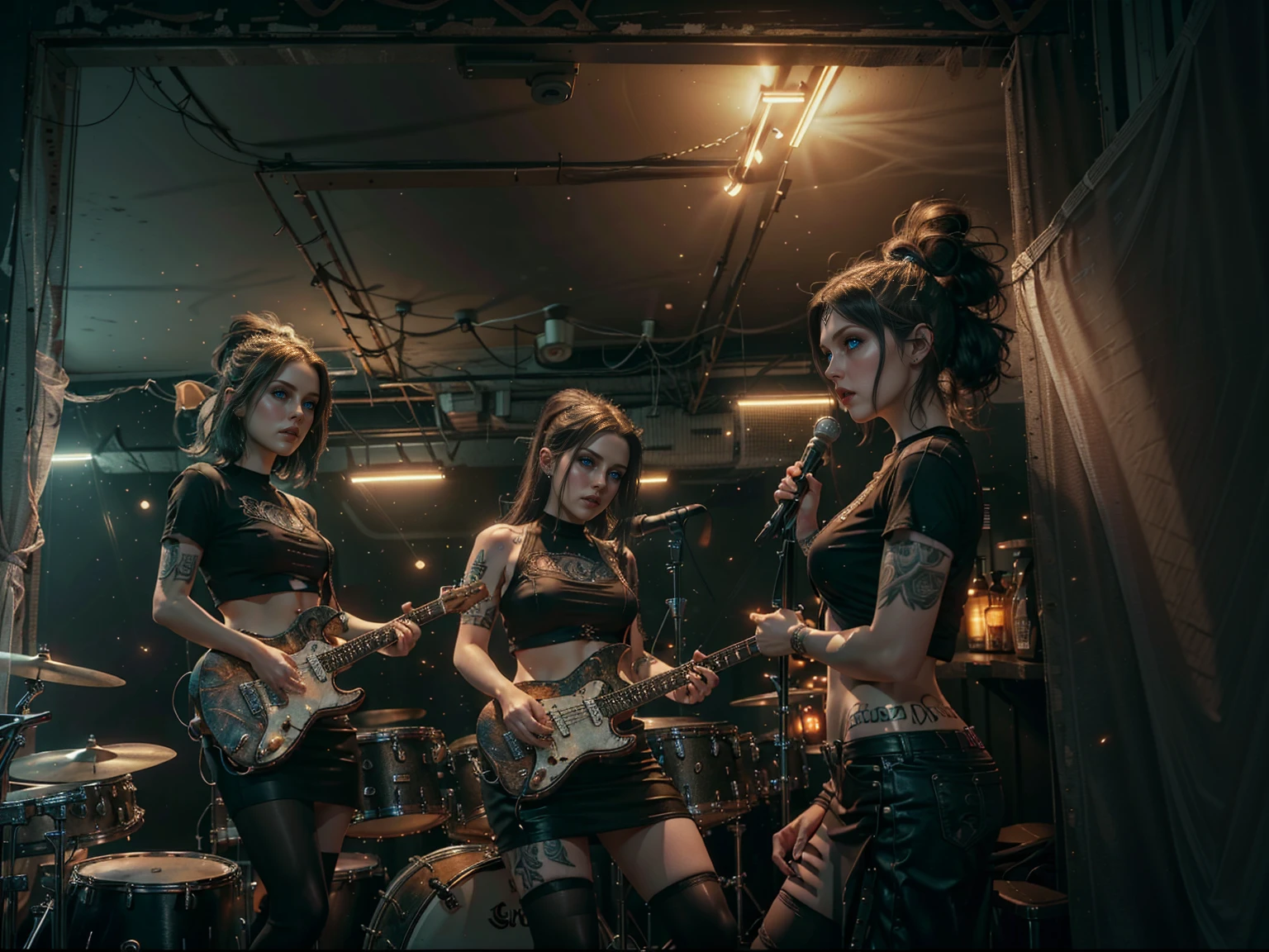 (Trio), An all woman punk band, 3 women, all wearing slightly revealing goth-punk outfits, interior of a smokey dive bar, one woman sings, thr first woman has a sternum tattoo, the second woman plays electric guitar, the third woman plays drums, instruments are worn but cared for, all the women have some type of Mohawk hairstyle, detailed hair, beautiful eyes and lips, accurate faces, best hands, perfect hands, intricate and separate fingers, 8k, UHD, moody smokey lighting, lots of rich background details, (award winning photography capturing a sense of hope in dark times), arwen_datnoid_v1, NEGATIVE_HAND-NEG, glow particle, (wide angle:1.27), (full length portrait:1.37) 