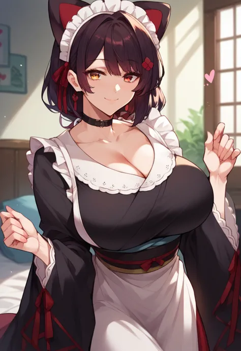 nijisanji、choker, maid headdress, black kimono, wide sleeves, frills, heart, white apron, sleeves past wrists, skirt, red skirt、...