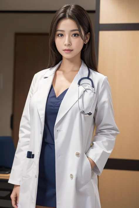 ((female doctor))、((upper body naked))、((stethoscopeで胸を隠します))、((naked with only a white coat on))、the chest is hidden、((unbutton...