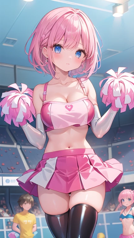 Beautiful illustrations、(Girl:1.2),(cheerleader:1.3),(latex:1.4),(pink tube top bra:1.4),thighhighs, underwear,collarbone, (earrings:1.2), elbow gloves, navel,pink bow, (pink mini skirt:1.2),(nape,cleavage, collarbone:1.3),, (masterpiece、Best Quality、8k ), (Beautiful details), Highly detailed face, Perfect lighting, Extremely detailed CG, (Perfect hands, Perfect Anatomy),cute，1 cute girl,girl, 、cute face, Watery blue eyes, Large Breasts、Pink Hair、((Straight bangs))、Medium short-Cut Hair、Braided Hair、short, Braided Hair、Sexy pose,Thighs、