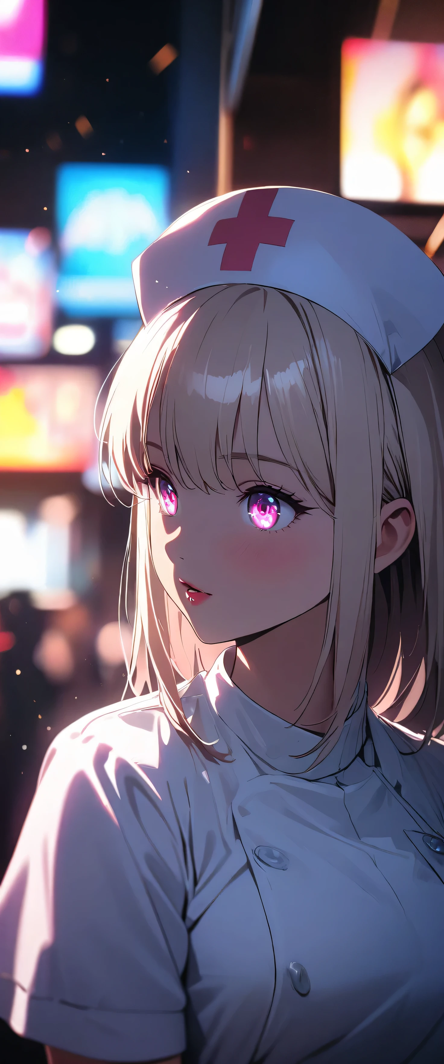 (beautiful girl: 1.3),1girl,masterpiece, Highest quality,Ultra-high resolution,rich contrast,super high quality,8k,Highly detailed CG unit wallpaper,texture,Incredibly absurd,RAW Photos,anime,Depth of Field 1.2,Ultra-detailed eyes,Glowing Skin,Glitter effect,Beautiful glossy lips,nurse uniform,Nurse working at the hospital,