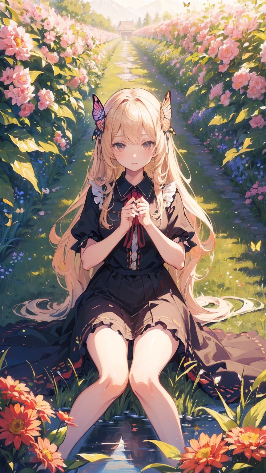 (masterpiece: 1.2), (Very detailed: 1.2), (Very detailed CG: 1.2), (high quality: 1.2), (最high quality), 8k, Anime illustration, Girl sitting in a flower field,A butterfly with a slightly sad expression々View、((A butterfly is resting on my finger々))、Butterflies fluttering々dance、Beautiful work