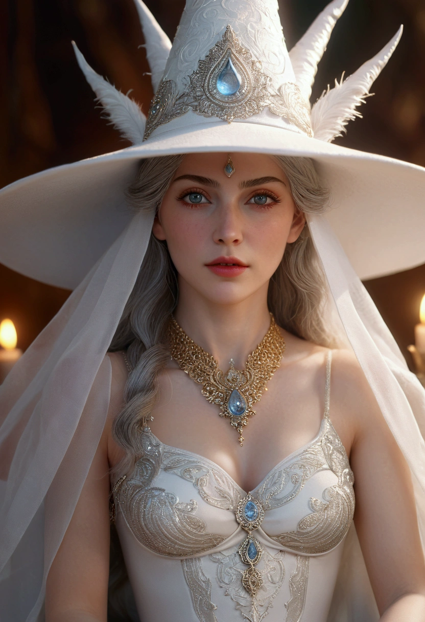 1girl, mature female, goddess, sitting, white witch hat, masterpiece, detailed face, beautiful detailed eyes, beautiful detailed lips, extremely detailed face and eyes, long eyelashes, elegant, serene expression, photorealistic, 8k, hyper detailed, cinematic lighting, ornate, fantasy, magical, glowing, ethereal, warm colors, soft focused background