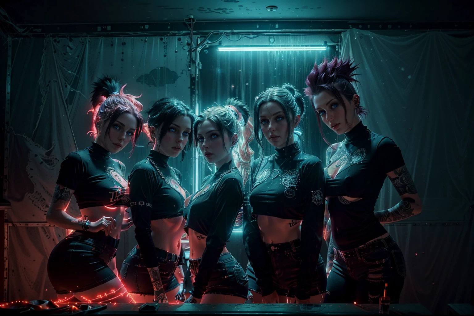 (Trio), An all woman punk band, 3 women, all wearing slightly revealing goth-punk outfits, interior of a smokey dive bar, one woman sings, thr first woman has a sternum tattoo, the second woman plays electric guitar, the third woman plays drums, instruments are worn but cared for, (all the women have some type of Mohawk hairstyle), detailed hair, beautiful eyes and lips, accurate faces, best hands, perfect hands, intricate and separate fingers, 8k, UHD, moody smokey lighting, lots of rich background details, (award winning photography capturing a sense of hope in dark times), arwen_datnoid_v1, NEGATIVE_HAND-NEG, glow particle, (wide angle:1.27), (full length portrait:1.37) 