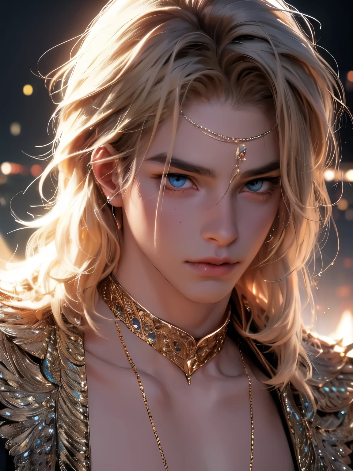 The magical look of a boy with wavy blond hair, Rainbow eyes , sparkling eyes ! just sparkles from the eyes - such a piercing look !! dark skin, Cute boy, boy with a beautiful face, Realistic anime style, the boy looks like a KPOP idol . Mysterious magic surrounds him !