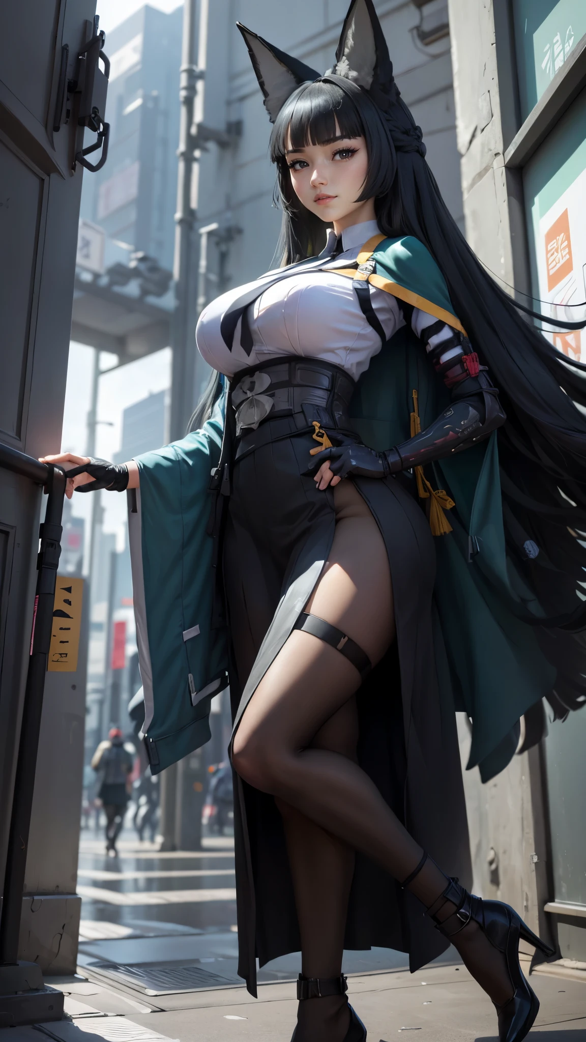 Hoshimi miyabi da zenless zone zeto,(best qualityer,4K,8k,high resolution,work of art:1.2)(weather: cloudy), Tokyo background, shopping district, wide hips, long curly hair, black hair, white shirt, long coat, long tight skirt, necktie, pantyhose, high heels, light makeup, katana, fox ears, combat pose, ultra detailed,portrait,realistic,beautiful detailed red eyes, beautiful detailed lips,extremely detailed eye and face, ultra detailed hands, long eyelashes,average, large breasts,flying hair,beaming smile, cute smile, powerful girl, bright coloured, dramatic lighting,