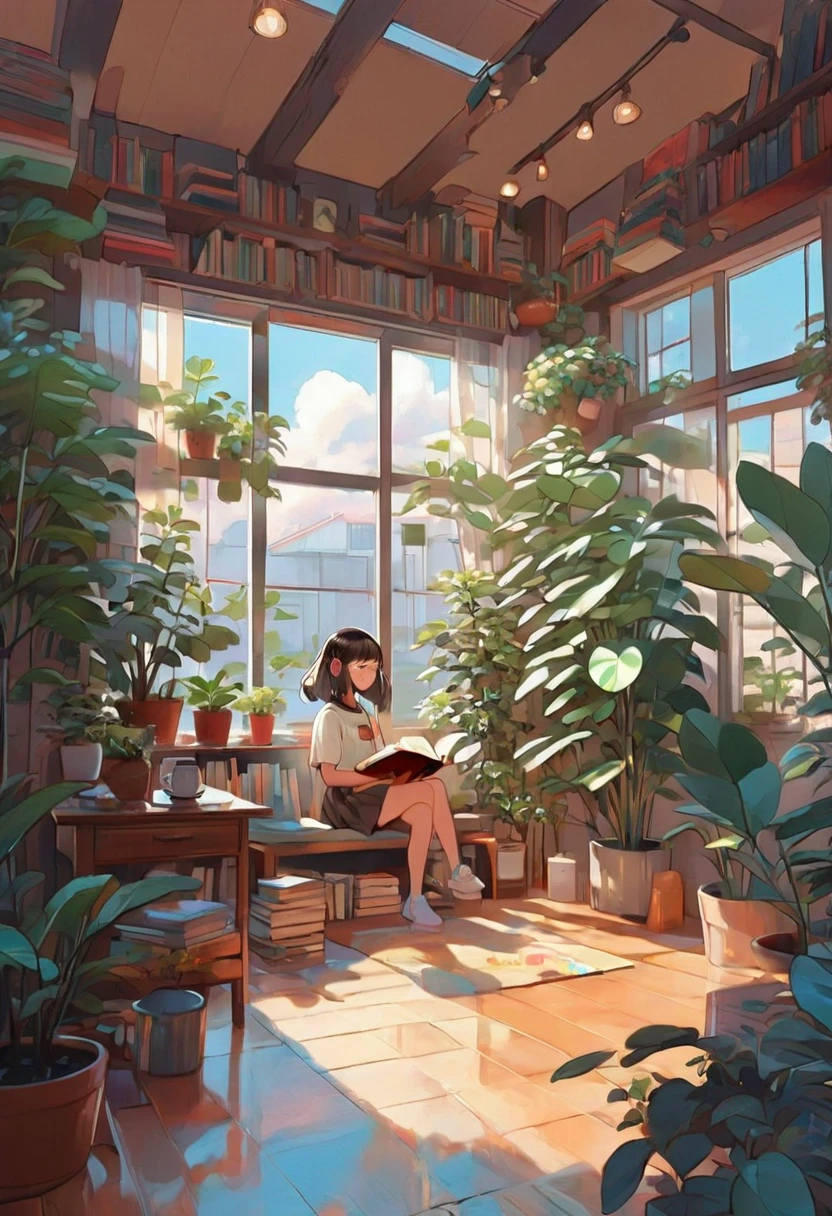 1girl, kawaii girl，A plant，Walls, window, book, coffee, table, morning, cozy room, lofi style, full body,