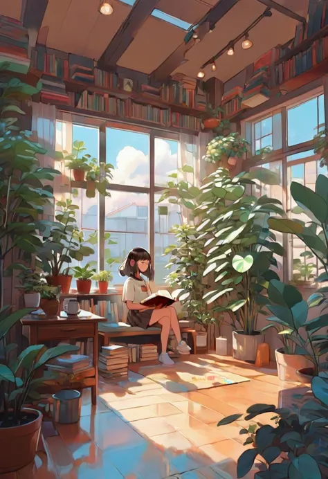 1girl, kawaii girl，a plant，walls, window, book, coffee, table, morning, cozy room, lofi style, full body,