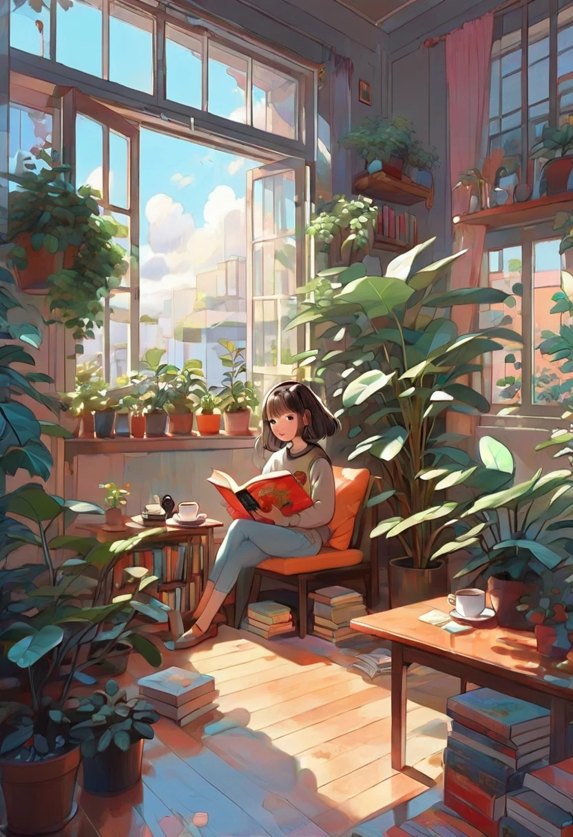 1girl, kawaii girl，A plant，Walls, window, book, coffee, table, morning, cozy room, lofi style, full body,