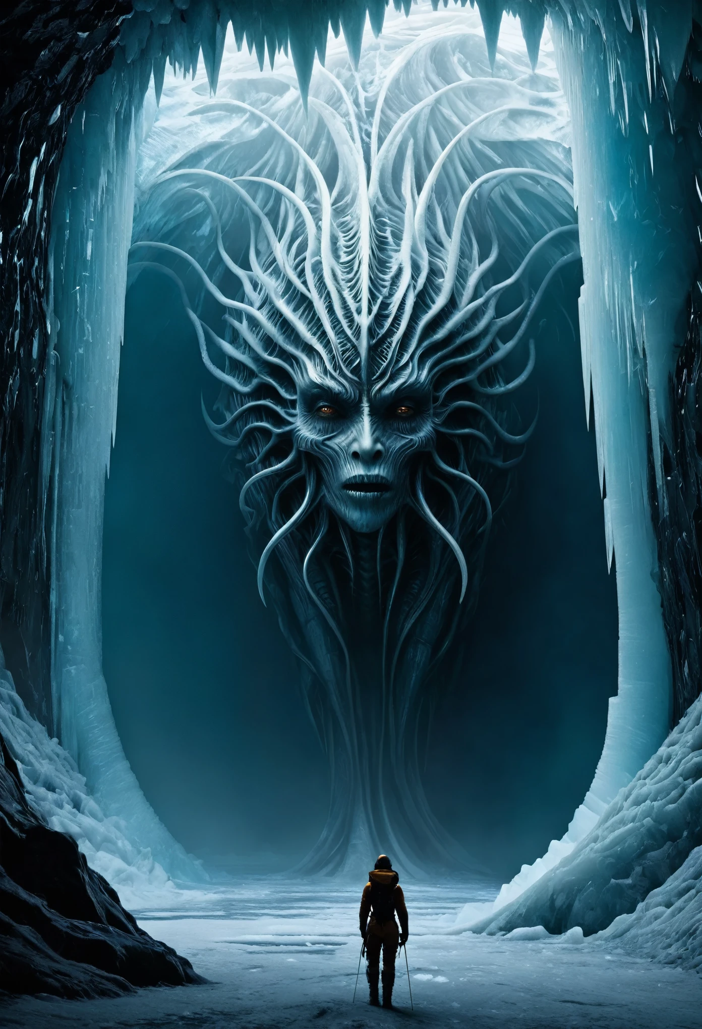 A scary colossal, terrifying female creature from another space designed by NIrasawa Yasushi and Giger, asymmetrical design, (Faintly visible through a thick wall of ice:1.4), has been being trapped in a wall of ice for 1000000 years, It is Discovered by a team of three explorers, hyper realistic, intricate details, dramatic lighting, cold blue and white tones, moody atmosphere, cinematic composition, photorealistic, masterpiece, 8k, art by Greg Rutkowski